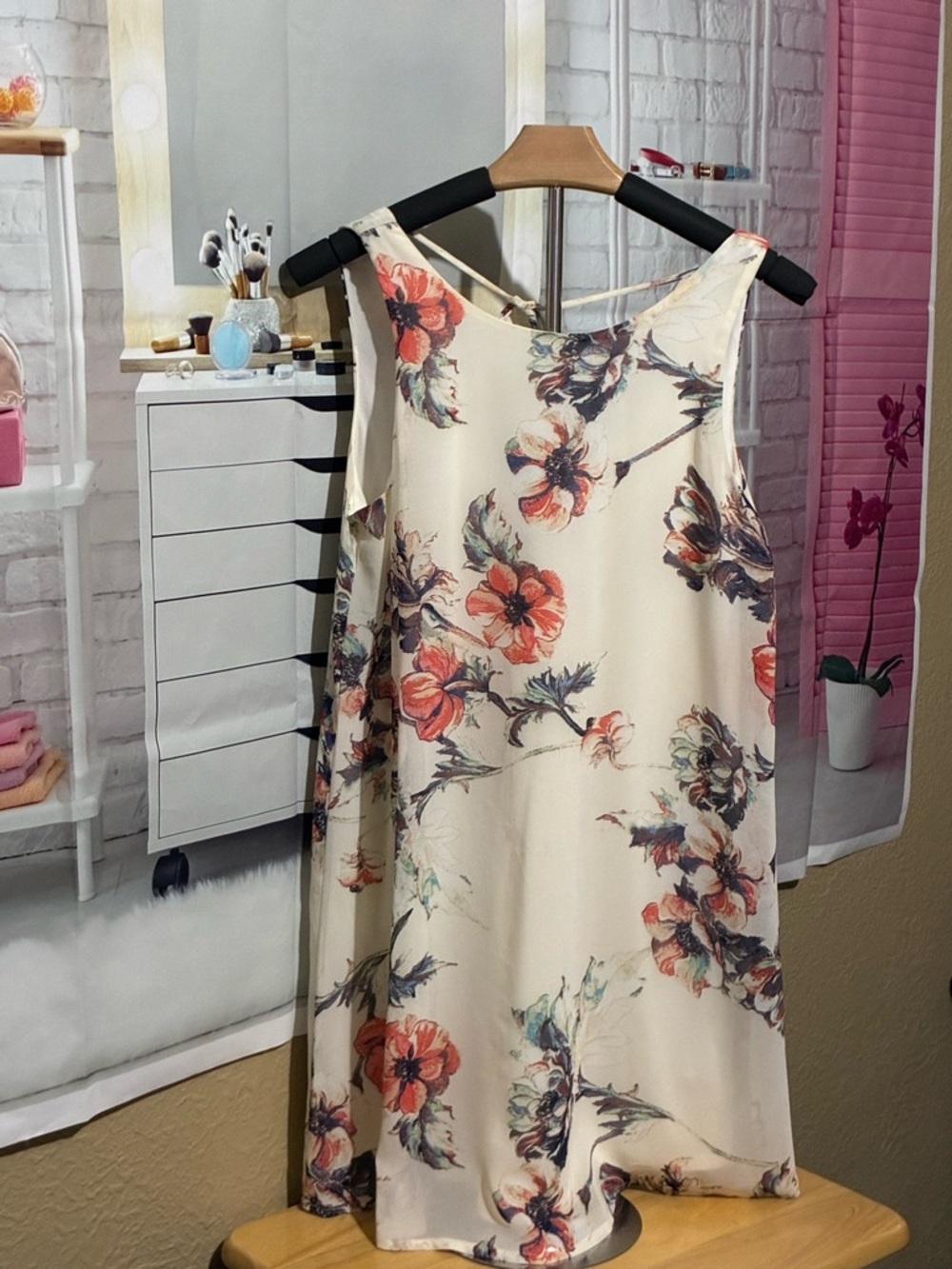 Floral Cream Midi Dress with Coral Blooms